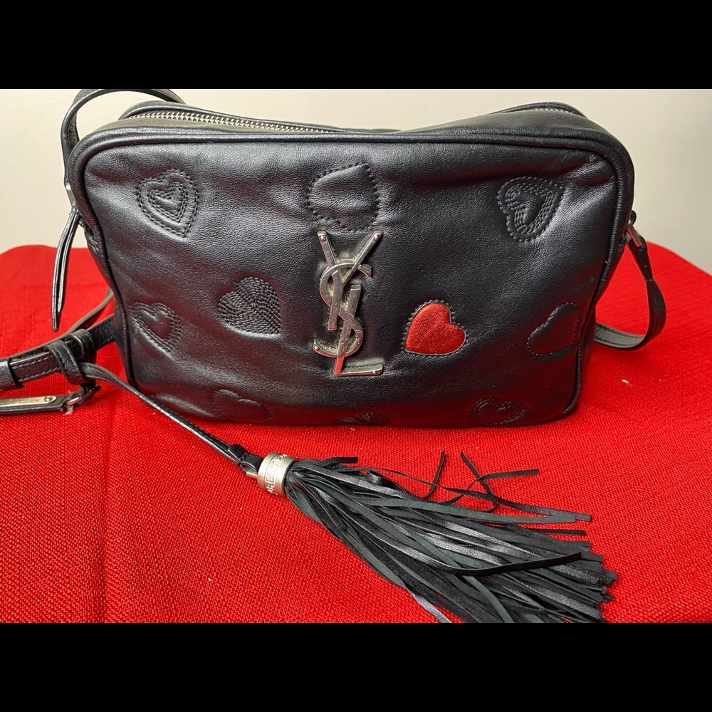 LOU CAMERA BAG WITH HEARTS IN BLACK LEATHER